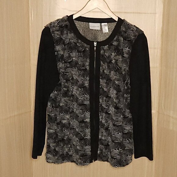 Alfred Dunner Tops - Alfred Dunner Black Grey Faux Fur Full Zip Knit Top 16